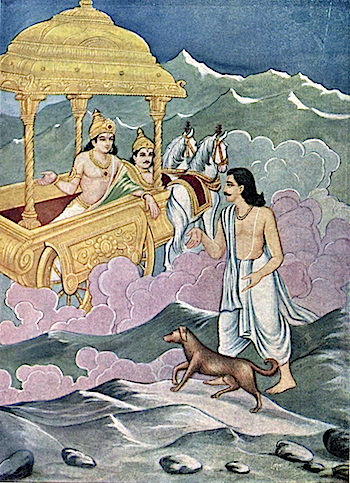 Yudhisthira with a dog as a chariot from heaven arrive