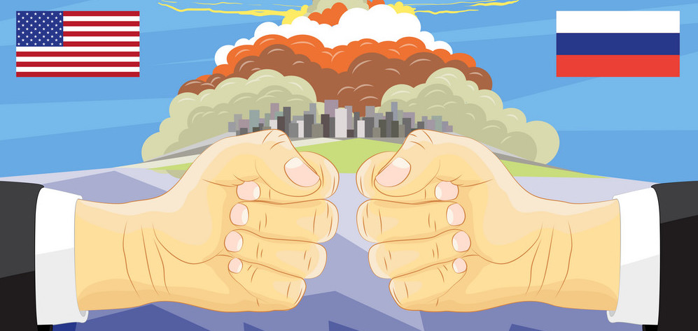 Russia vs America, Atomic bomb in city on background, Nuclear explosion. Vector illustration