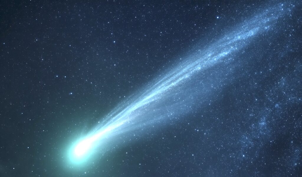 a glowing interstellar comet with a faint blue-green coma and long white tail streaking through a starry sky, Milky Way backdrop, cinematic wide shot, highly detailed, realistic astrophotography style --quality 2 --v 7 Job ID: a3be4d64-7cfa-496d-97c3-aadbf5fa0b00